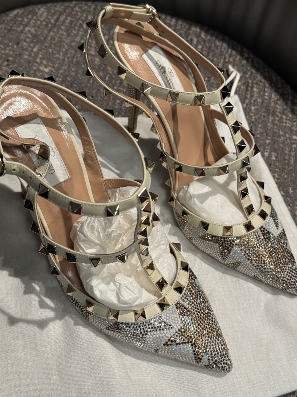 Valentino Women's Studded Star Print Heels -, White, and Gold